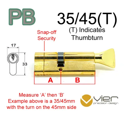 35/45(T) Euro Profile Cylinder & Turn - PB - Keyed Alike