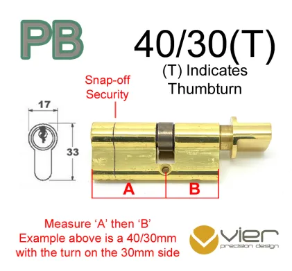 40/30(T) Euro Profile Cylinder & Turn - PB - Keyed Alike