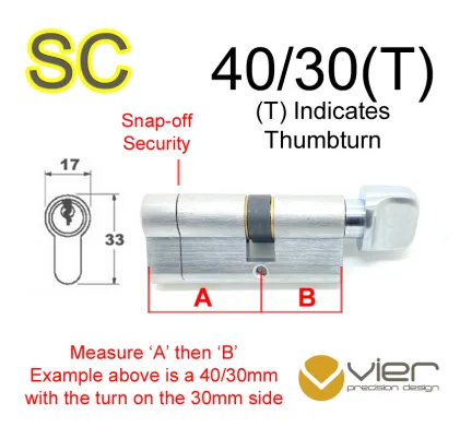 40/30(T) Euro Profile Cylinder & Turn - SC - Keyed Alike