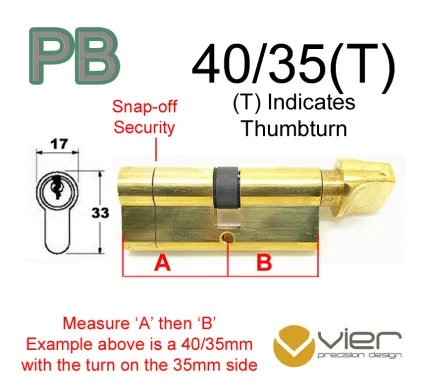 40/35(T) Euro Profile Cylinder & Turn - PB - Keyed Alike
