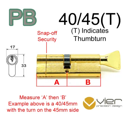 40/45(T) Euro Profile Cylinder & Turn - PB - Keyed Alike