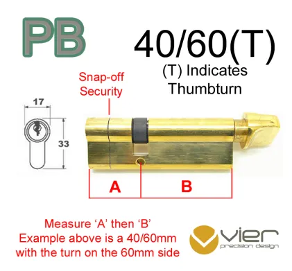40/60(T) Euro Profile Cylinder & Turn - PB - Keyed Alike