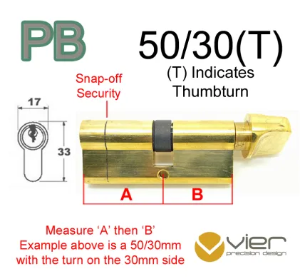 50/30(T) Euro Profile Cylinder & Turn - PB - Keyed Alike