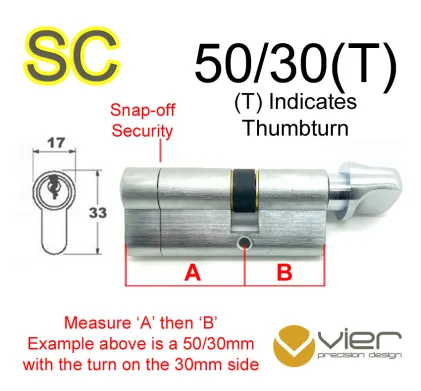 50/30(T) Euro Profile Cylinder & Turn - SC - Keyed Alike
