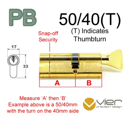 50/40(T) Euro Profile Cylinder & Turn - PB Keyed to Differ