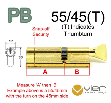 55/45(T) Euro Profile Cylinder & Turn - PB Keyed to Differ