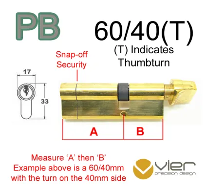 60/40(T) Euro Profile Cylinder & Turn - PB - Keyed Alike