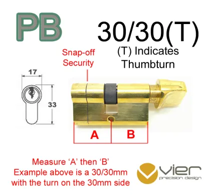 30/30(T) Euro Profile Cylinder & Turn - PB - Keyed Alike