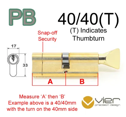 40/40(T) Euro Profile Cylinder & Turn - PB - Keyed Alike