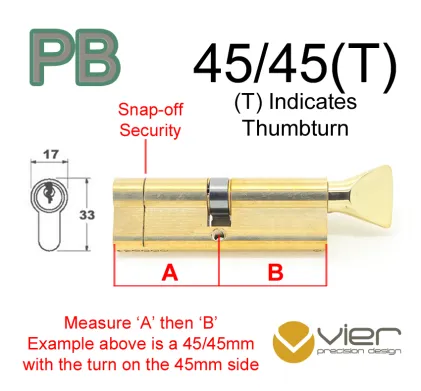 45/45(T) Euro Profile Cylinder & Turn - PB - Master Keyed