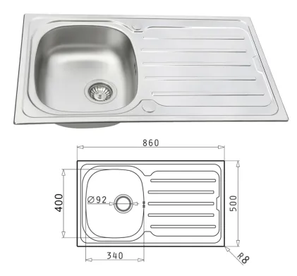Pyramis Vera Stainless Sink & Drainer - 860mm