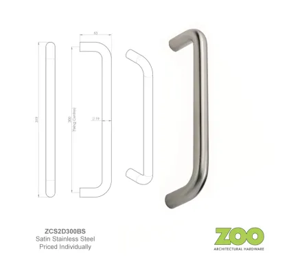 19mm x 300mm Zoo D-BAR Pull Handle Satin Stainless Steel
