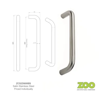 19mm x 600mm Zoo D-BAR Pull Handle Satin Stainless Steel