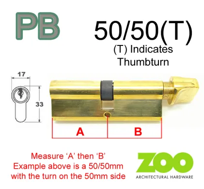 50/50(T) Euro Profile Cylinder & Turn - PB Keyed to Differ