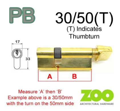 30/50(T) Euro Profile Cylinder & Turn - PB Keyed to Differ