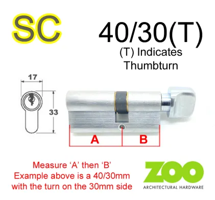 40/30(T) Euro Profile Cylinder & Turn - SC - Keyed to Differ