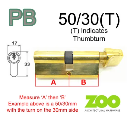 50/30(T) Euro Profile Cylinder & Turn - PB Keyed to Differ