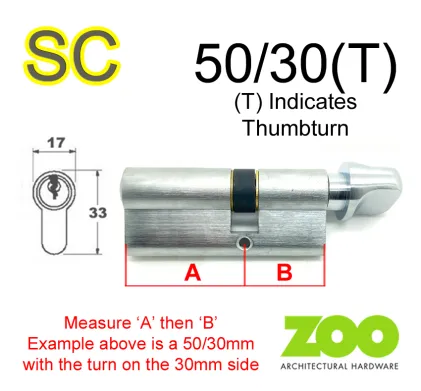 50/30(T) Euro Profile Cylinder & Turn - SC - Keyed to Differ