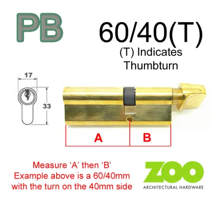 60/40(T) Euro Profile Cylinder & Turn - PB Keyed to Differ