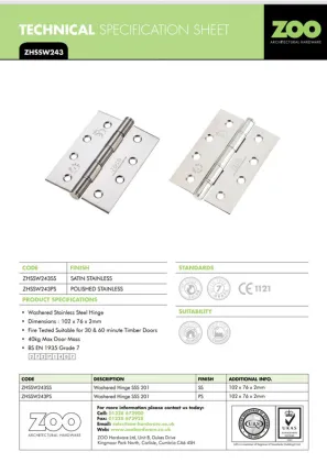 Grade 7 Washered Hinge Stainless Steel (4x3")