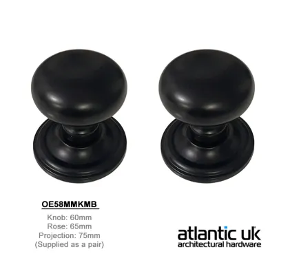 Old English Harrogate Solid Brass Mushroom Mortice Knob on Concealed Fix Rose - Matt Black