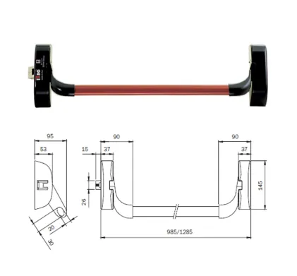 Iseo Vertical Panic Bar Kit, Red Bar.