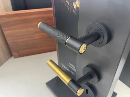 STUDIO SELECT ER90B1 Lever on Round Rose Door Handles - Karcher Cosmos Black / Satin Brass