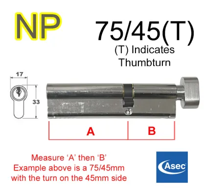 75/45(T) Euro Profile Cylinder & Turn - NP Keyed to Differ - ASEC