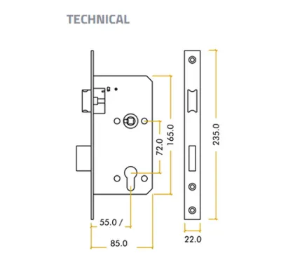Din Euro Sashlock - 72mm c/c - backset 55mm - Stainless Steel