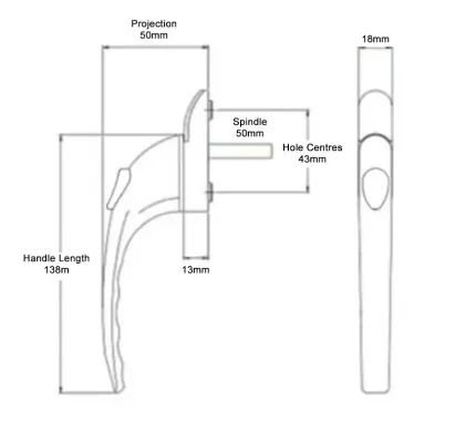 Non-Lockable Espag Window Handle (Spindle 50mm) Champagne Gold