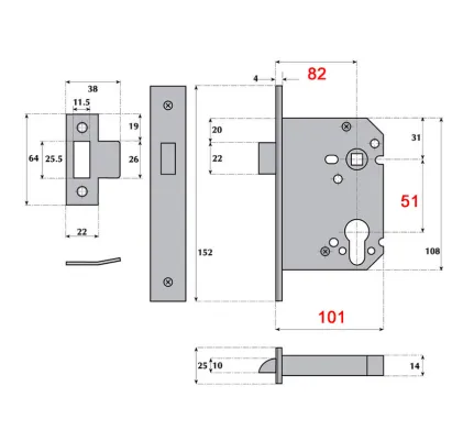 101mm Euro Profile Mortice Latch - Satin Stainless Steel