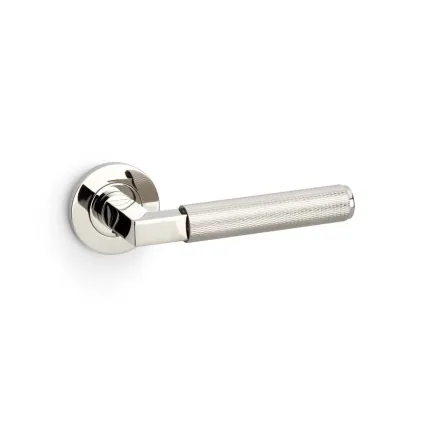 Alexander and Wilks Hurricane Knurled Lever on Round Rose - Polished Nickel PVD